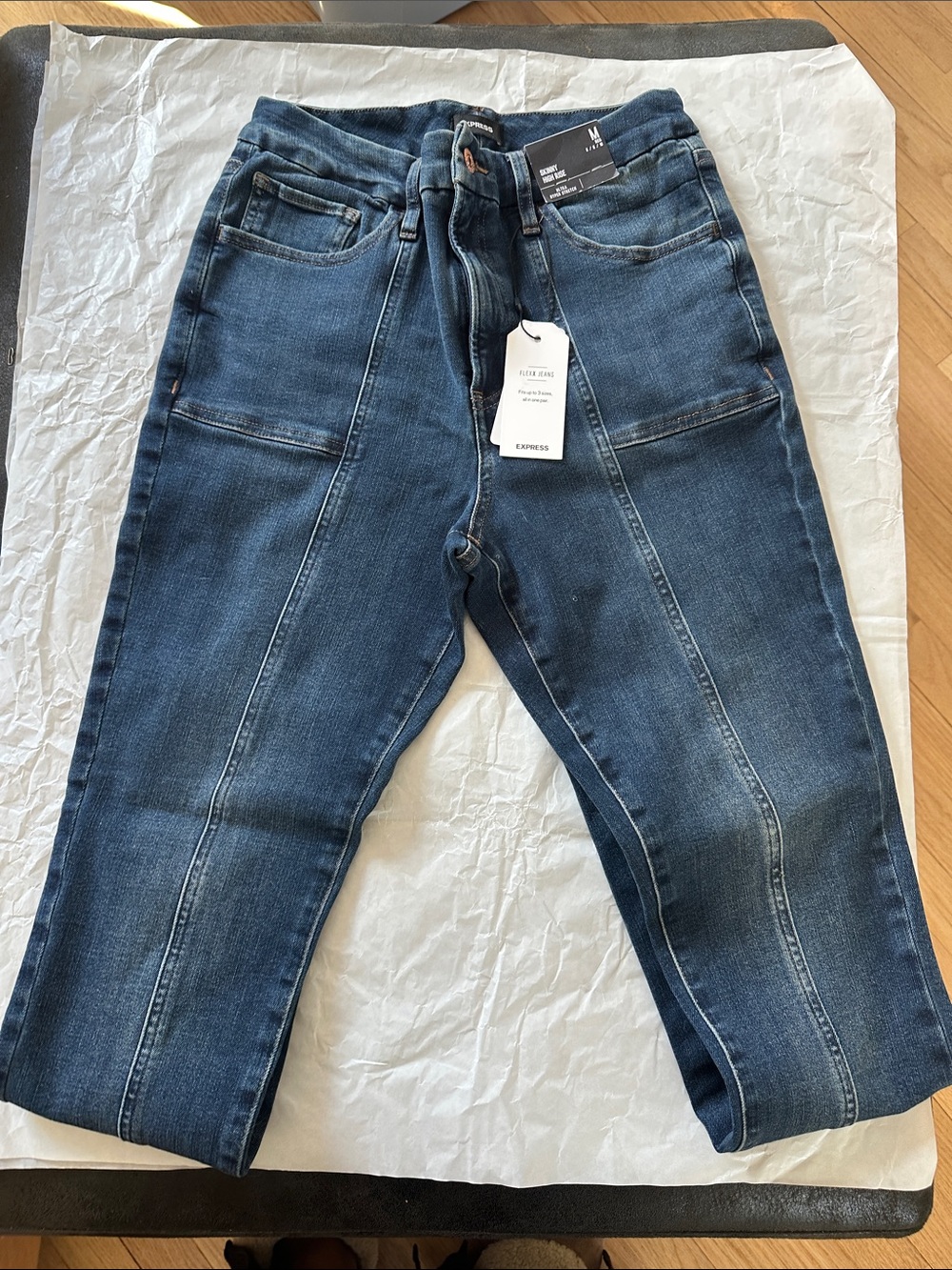 Express Skinny High Rise “Flexx Jeans”Blue Denim Jeans with Front Seam Detailing